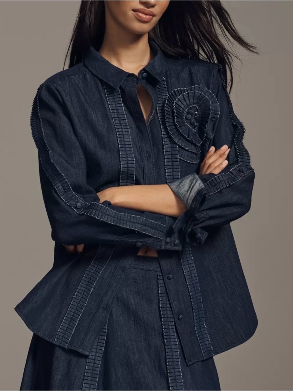 Pilcro long-sleeve rosette denim buttondown shirt